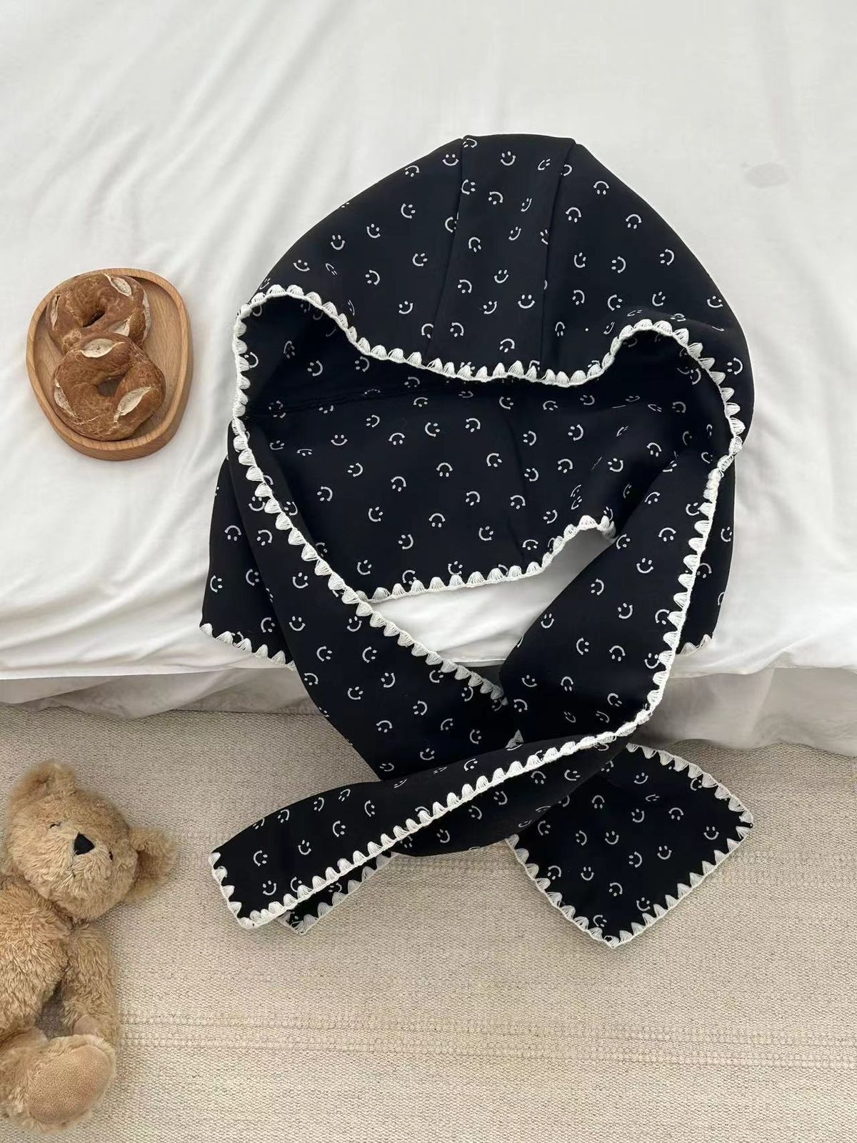 Sciarpa con cappuccio versatile in pizzo con stampa di faccine sorridenti in versione coreana per ragazze, cappello invernale lavorato a maglia, caldo scaldacollo_voghion.com