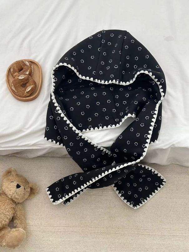 Sciarpa con cappuccio versatile in pizzo con stampa di faccine sorridenti in versione coreana per ragazze, cappello invernale lavorato a maglia, caldo scaldacollo_voghion.com