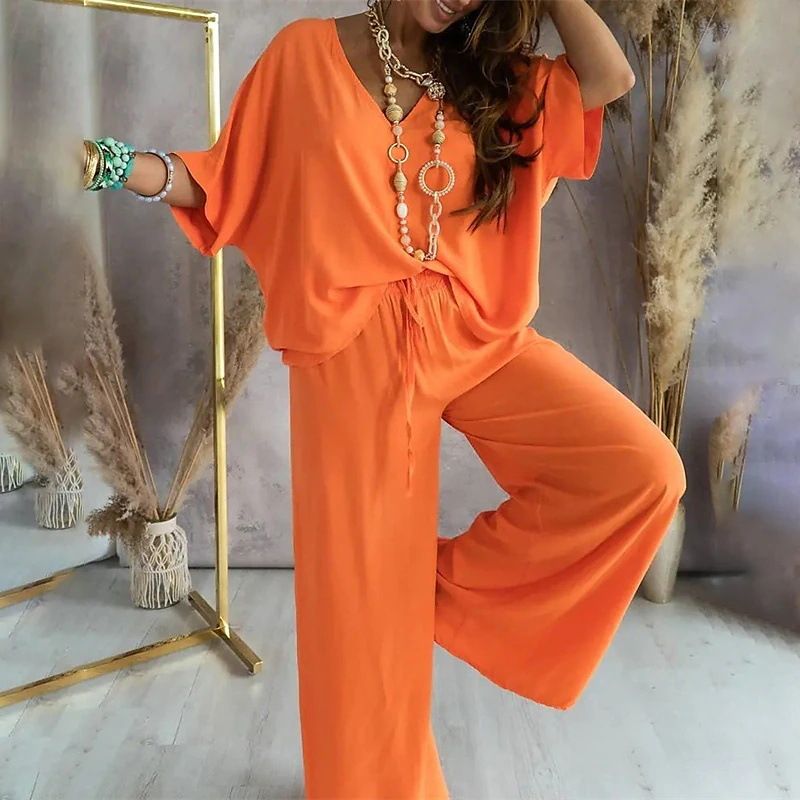 Women's Clothing Women's Home Clothes Set 2 Pieces Solid Color Breathable V Line Trousers T Shirt Pants Elastic Waist Spring Autumn Winter_voghion.com