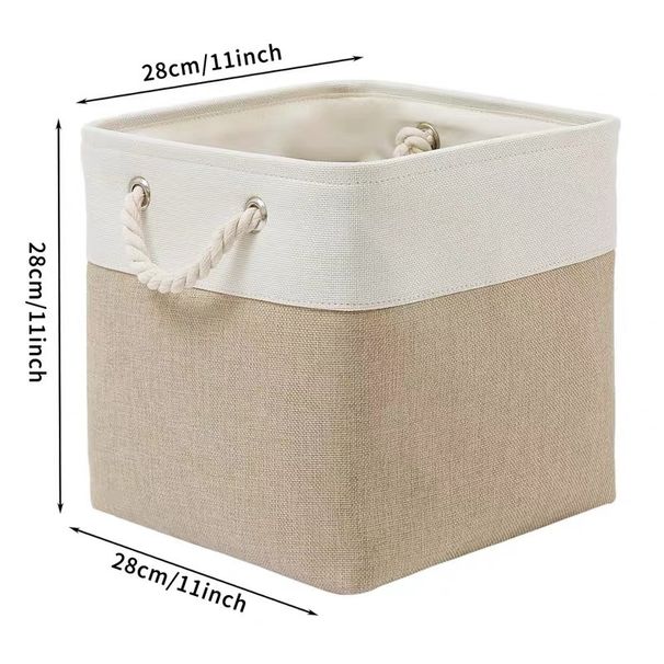 Foldable Cotton Linen Storage Basket – Multi-Purpose Square Organizer For Clothes, Toys & Home Essentials (28x28x28cm, White/Grey)_voghion.com