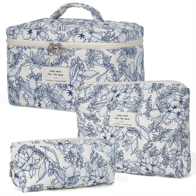Gestepptes Make-up-Taschen-Set mit Blumenmuster – großer Kosmetik-Organizer aus Baumwolle mit Tasche für Reisen, Aufbewahrung und den täglichen Gebrauch. Reise-Kulturtasche mit Blumenmuster_voghion.com