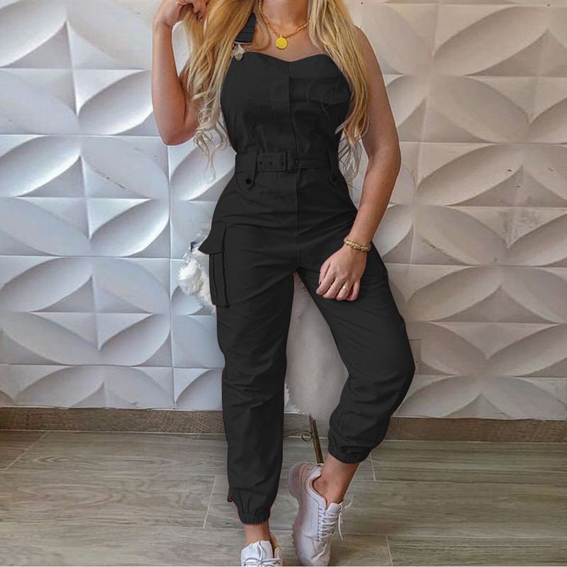 Mono cargo a la moda para mujer, cinturón, tirantes sin mangas, pantalones de pie con restricción simple_voghion.com