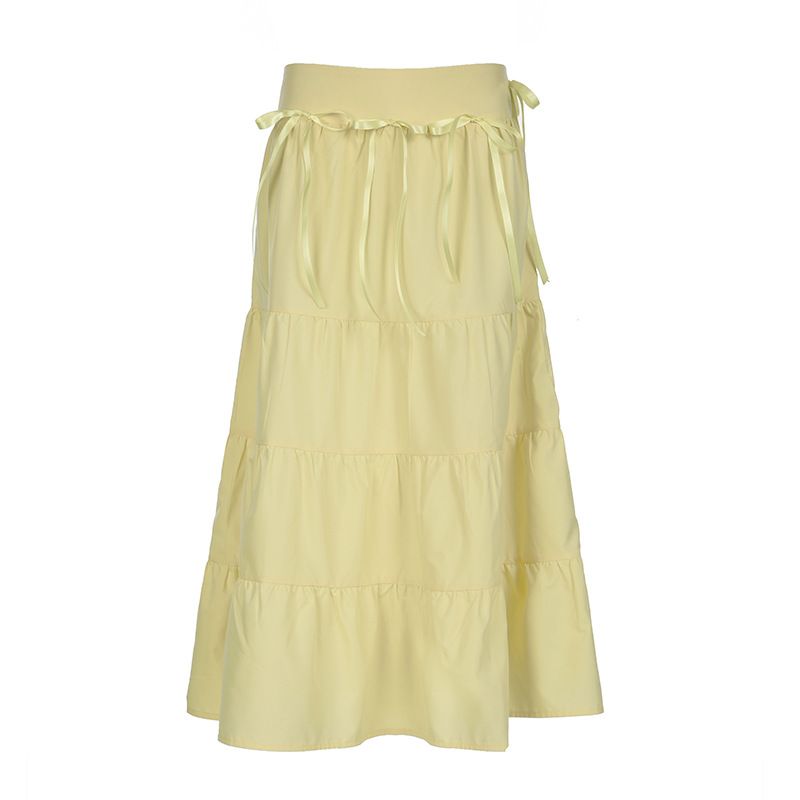 Women's Clothing Holiday Style Summer Dopamine Yellow Skirt Female Cross Border Low Waist Bow Stitching Slim Long Skirt_voghion.com