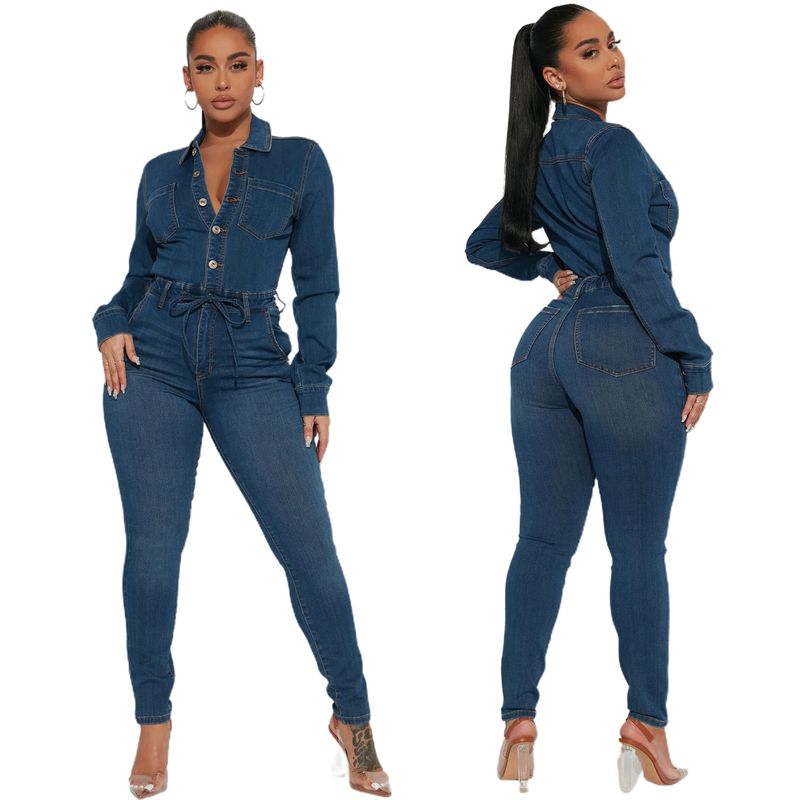 Macacão jeans feminino de manga comprida com elasticidade alta_voghion.com