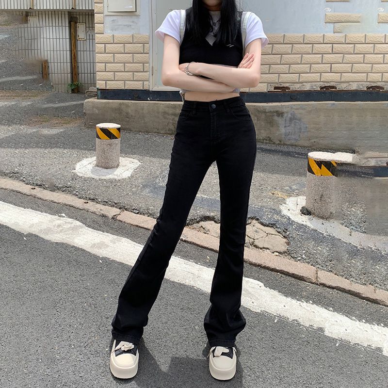 Dameskleding high street retro hot girl flared jeans voor vrouwen hoge taille slim fit trendy all-match bell bottom broek_voghion.com