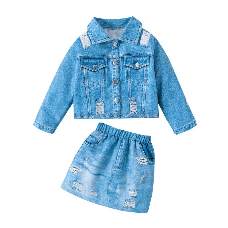 Baby clothes Cuhk kid style pocket holes denim jacket + skirt girls two-piece set_voghion.com