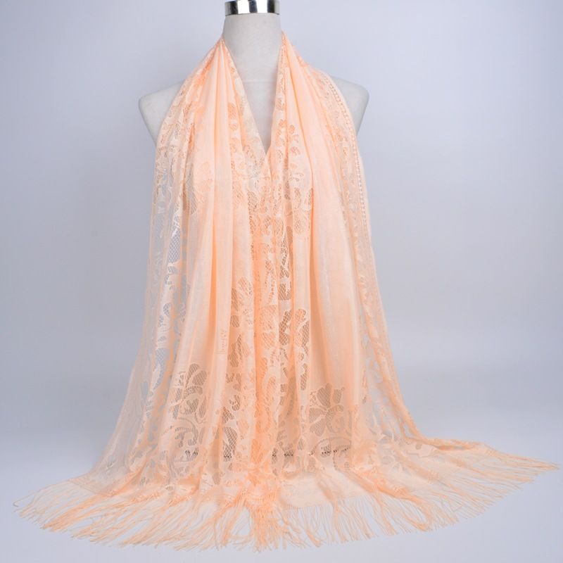 Women's Clothing Muslim Scarf Hijab Solid Color Lace Hollow Tassel Silk Scarf Female Summer Malaysia Long Scarf Shawl_voghion.com