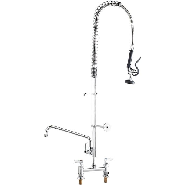VEVOR Commercial Faucet With Pre-Rinse Sprayer, 44" Height, 8" Center, 12" Swing Spout, Deck Mount Kitchen Sink Faucet, Brass Constructed Device With Pull Down Spray, For 1/2/3 Compartment Sink_voghion.com