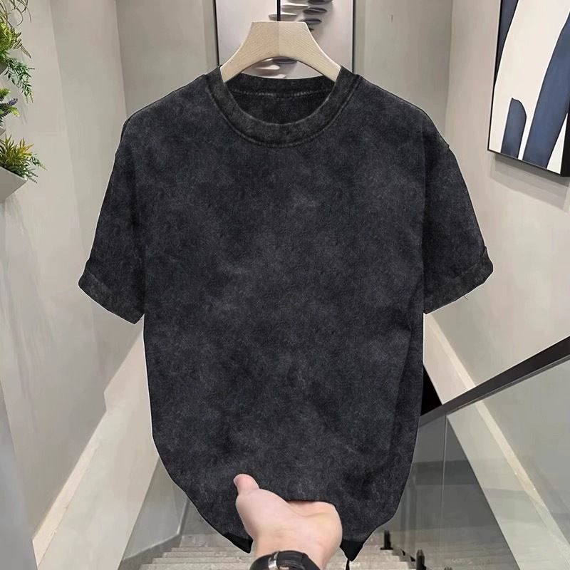 Herrenbekleidung Washed Distressed Kurzarm-T-Shirt Herren Sommer 2024 Neu Ins Einfarbig Retro Casual Vielseitiges lockeres Oberteil_voghion.com