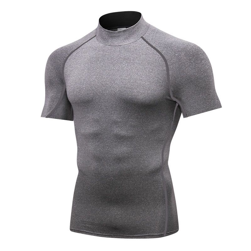 Men's Clothing High Collar Tights Short Sleeve Fitness Sports Running Training Suit Elastic Quick Drying Clothes Short Sleeve T Shirt_voghion.com