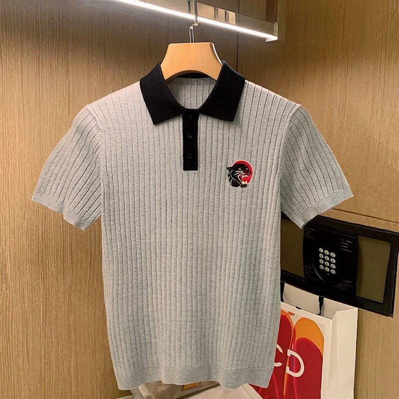 Herretøj herre leopardhoved broderet let luksus herre-T-shirt retro personlighed strikket tekstur poloshirt herre korte ærmer_voghion.com