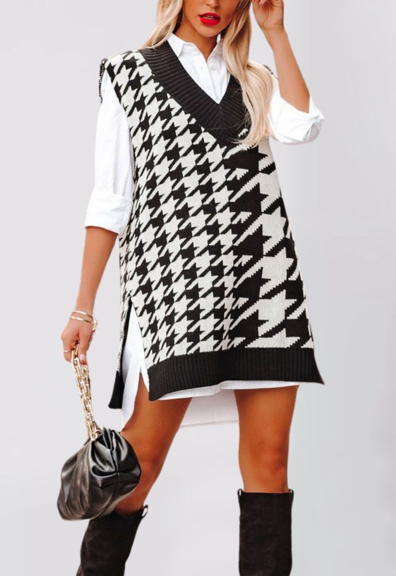 Damen Lockerer V-Ausschnitt Thousand Bird Grid Strickpullover Ärmellose Weste Weste_voghion.com