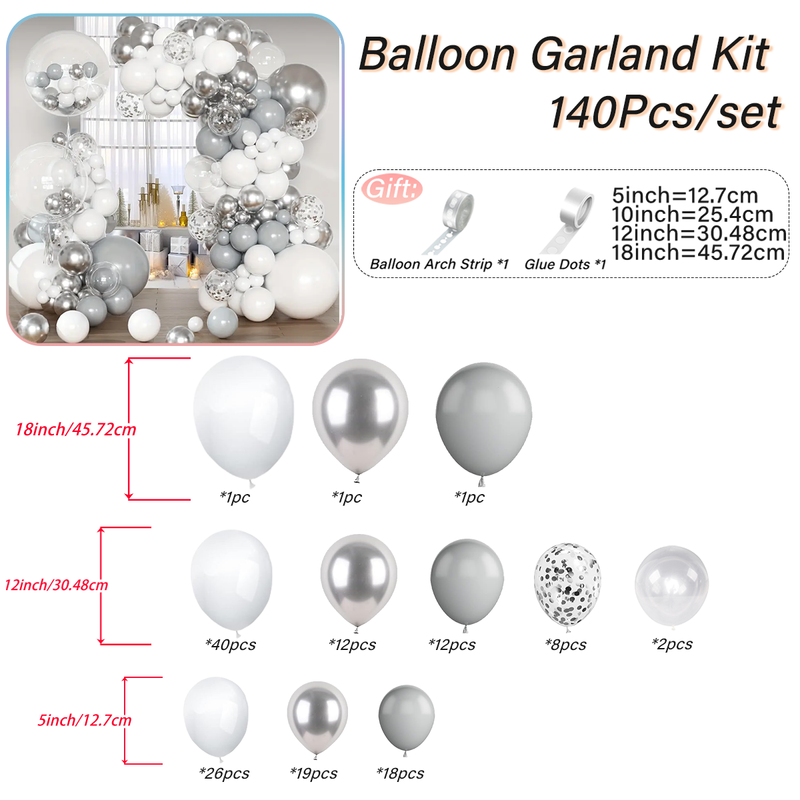 Kit de arco de guirlanda de balões prateados brancos brilhantes de 140 peças/conjunto - decorações para festas de aniversário, despedida de solteira, casamento e Páscoa_voghion.com