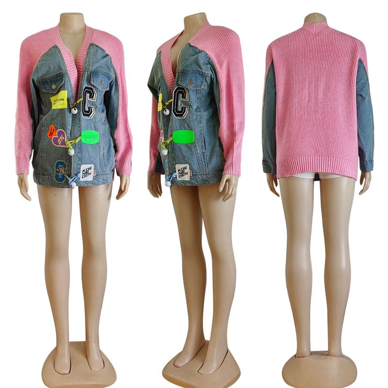 Damenbekleidung Denim Splicing Cardigan Strickpullover Jacke_voghion.com
