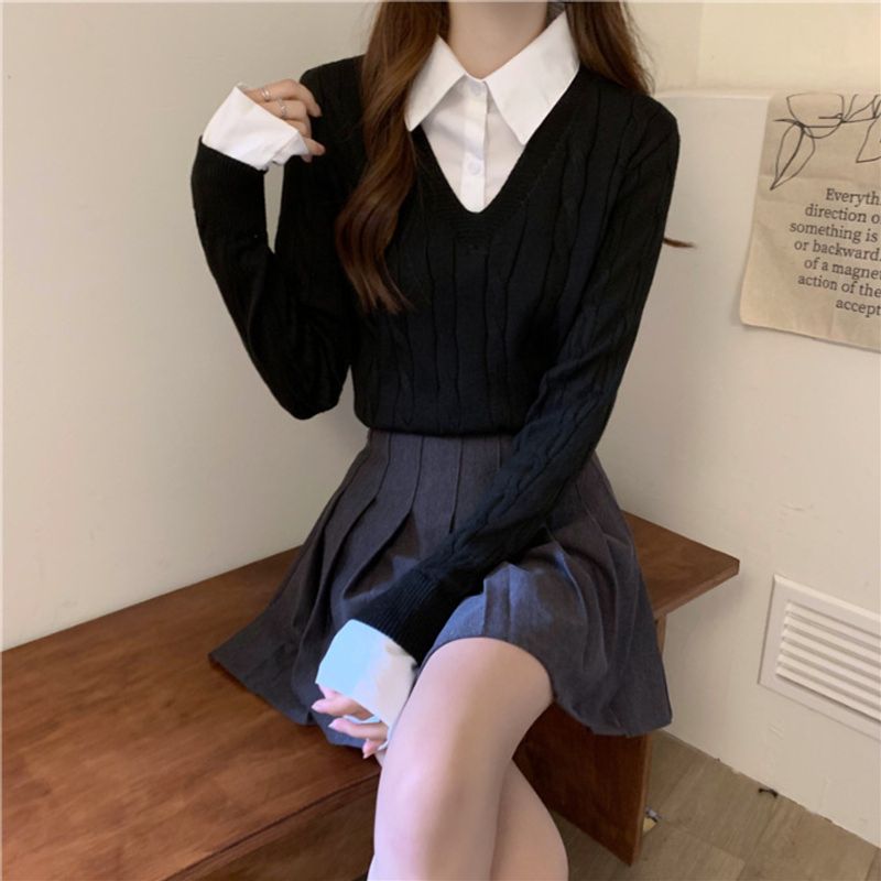 Novo estilo universitário de 2024, gola de camisa de duas peças, suéter emendado, blusa de malha emagrecedora feminina de outono e inverno_voghion.com