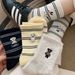 Kindersocken für Frühling, Herbst und Winter, halblang, mit Bären- und Hundemotiv, gestreift, für Damen, Schwarz und Weiß, Freizeitkleidung_voghion.com