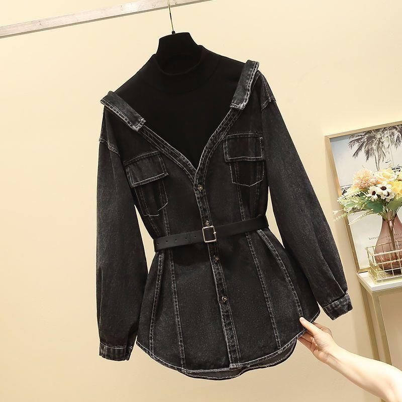 Women's Clothing Fashionable Shirt, Slim Temperament, Two Piece Long Sleeved Denim Top_voghion.com