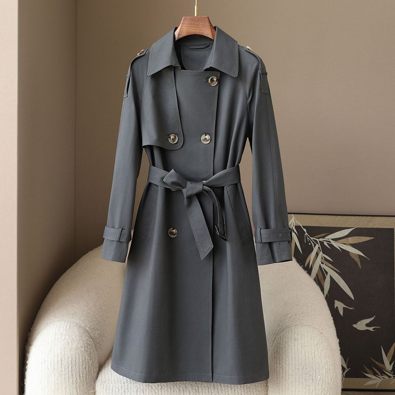 Giacca a vento doppiopetto da donna primaverile, vestibilità slim, lungo cappotto, leggero, in poliestere, casual_voghion.com