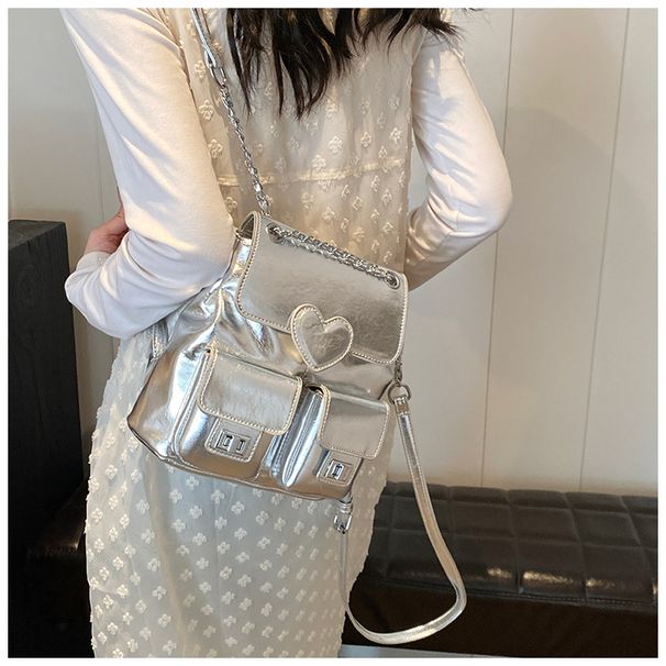 Women's Silver Heart-Shaped Fashion Backpack Multifunctional Chain Bucket Bag_voghion.com