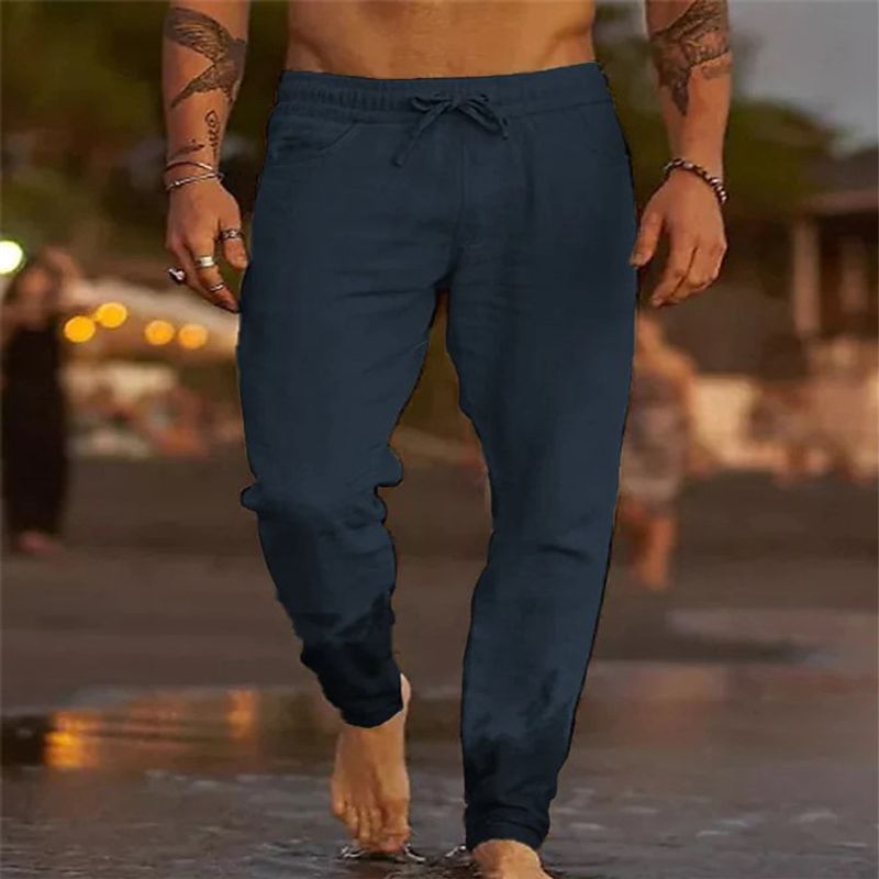 European And American New Men's Solid Color Drawstring Cotton Linen Loose Casual Beach Casual Pants_voghion.com