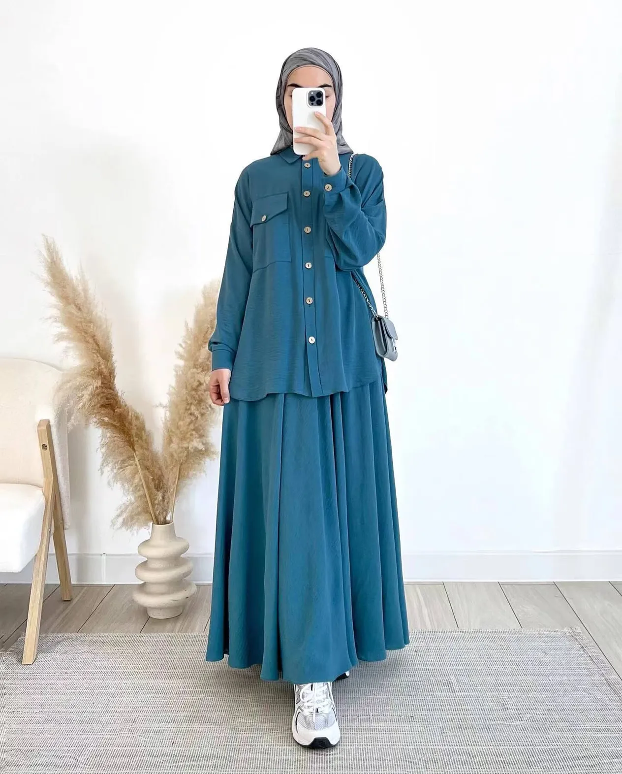 Women's Clothing Spring Women's Muslim Women's Clothing Set Loose Long Sleeve Shirt Skirt Set_voghion.com