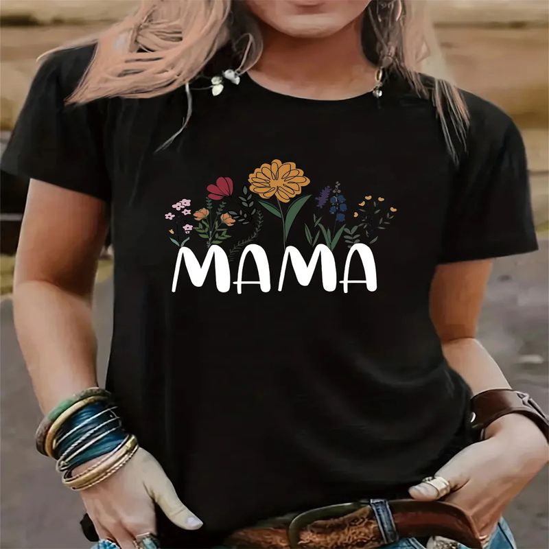 2024 Nei Mamm Blummemuster Bedruckt T-Shirt Summer Fräizäit Gemittlechen Top mat Ronnem Hals, Mammendagscadeau._voghion.com
