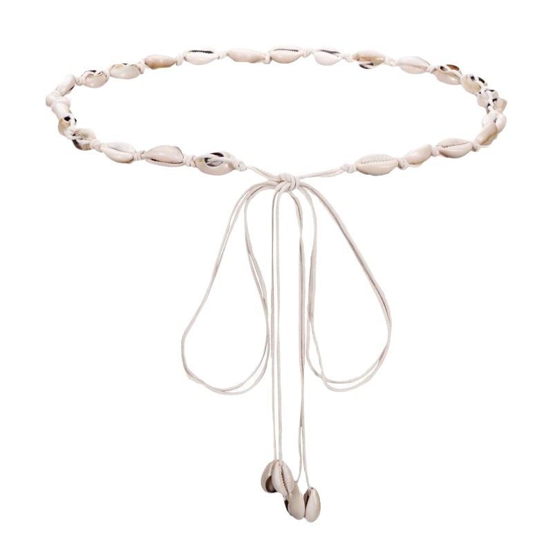 Weißer Taillenkordel-Spaghettigürtel im Bohemian-Ethno-Stil, mit Muscheln verzierte Kleider für Damen, Sommeraccessoires_voghion.com