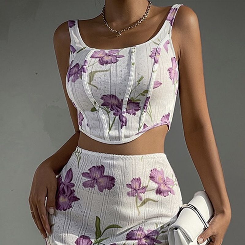 Sexy Damen-Unterhemd mit Aufdruck, kleines Tanktop, schmale Passform, Wickel-Hüftrock-Set_voghion.com