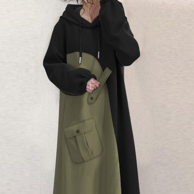 Langes Pulloverkleid mit Kapuze und Farbblock für Damen – lässige Oversize-Pullover-Tunika mit Taschen (Schwarz, S/M/L)_voghion.com