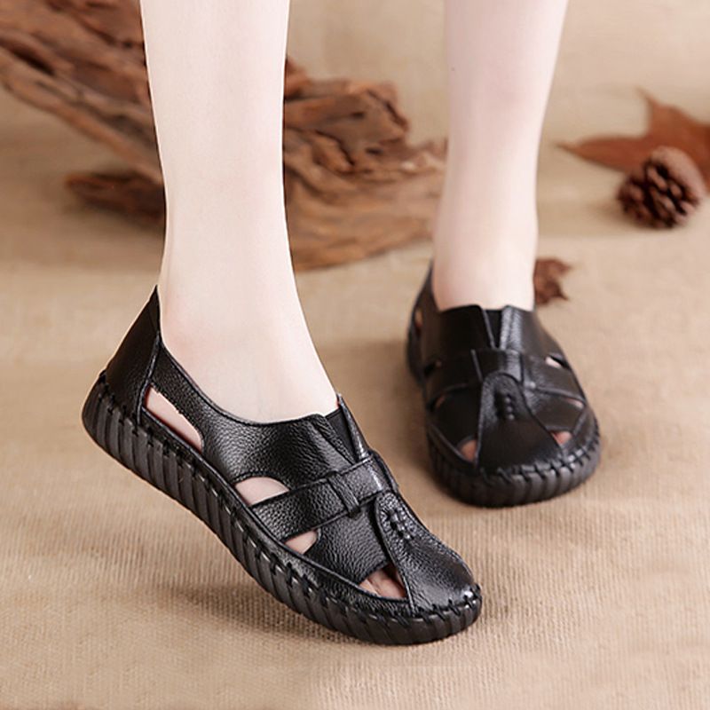Chenyang Bird Cowhide Soft Baotou Sandals Summer Beach Leisure Thick Sole Hollow Flat Bottom Hole Shoes Female_voghion.com