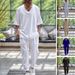 Men's Clothingautumn casual solid color V neck pullover short sleeved drawstring pocket design tapered trousers suit_voghion.com