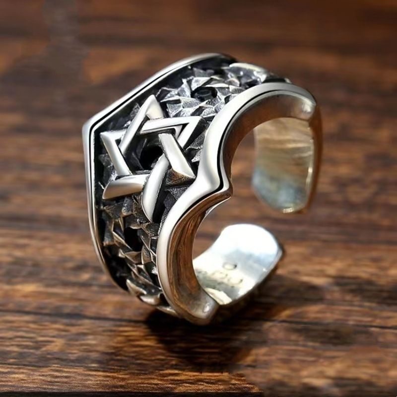 Yishang S Anello da uomo alla moda hip-hop con stella a sei punte in argento tailandese intarsiata, anello geometrico da uomo per il dito medio_voghion.com