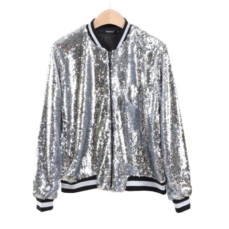 street trendy women's casual zipper jacket sequin contrast ribbed baseball jacket_voghion.com
