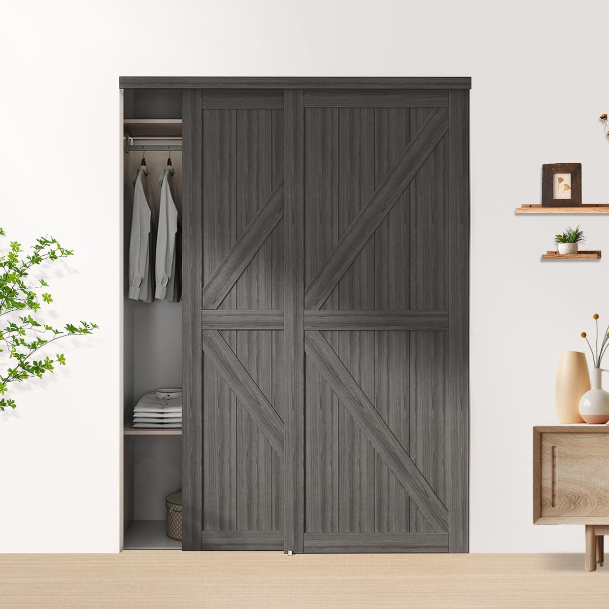 JUBEST 60"(Double 31") X80" Sliding Closet Door, K Style Bypass Closet Door With Hardware Kit & Matching Fascia, Preassembled Solid Wood Slab With Water-Proof PVC Surface, Easy To Install, Gray_voghion.com
