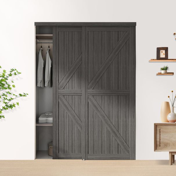 JUBEST 60"(Double 31") X80" Sliding Closet Door, K Style Bypass Closet Door With Hardware Kit & Matching Fascia, Preassembled Solid Wood Slab With Water-Proof PVC Surface, Easy To Install, Gray_voghion.com