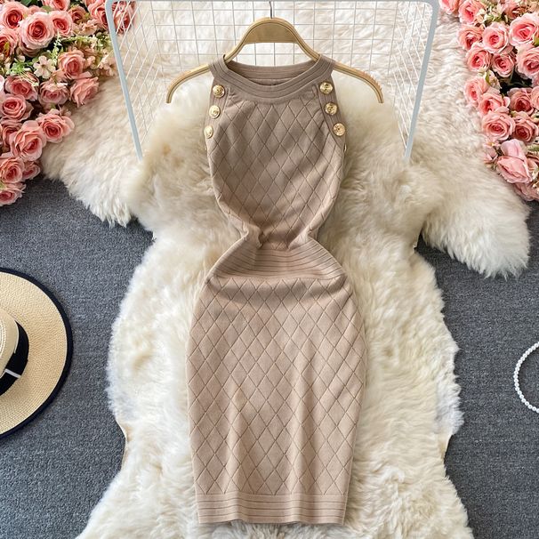 Damen Rundhals Ärmelloses Strick Neckholder Off-Shoulder Kleid Sexy Hüftbetontes Kurzrockkleid_voghion.com