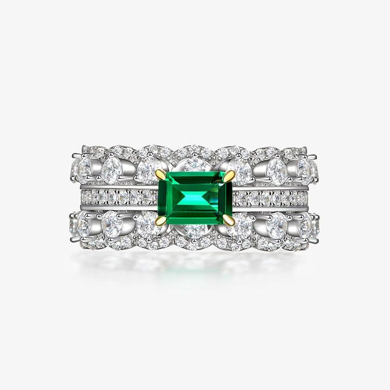 Cao Shi Smaragd Zirkon für Frauen Zweireihiger Diamant Palaststil Leichter Luxus Prominenter Ring_voghion.com