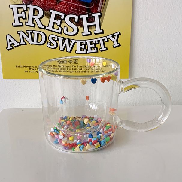 Tasse en verre à double couche avec sable mouvant pour fille mignonne, tasse à eau créative en forme de cœur, gobelet à jus transparent_voghion.com