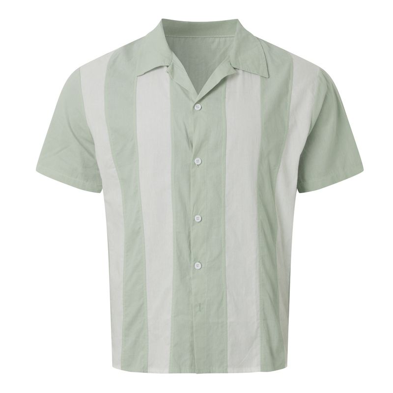Men's Clothing Summer Retro Color Contrast Striped Short Sleeved Shirt Men's Loose Casual Cuban Collar Shirt_voghion.com