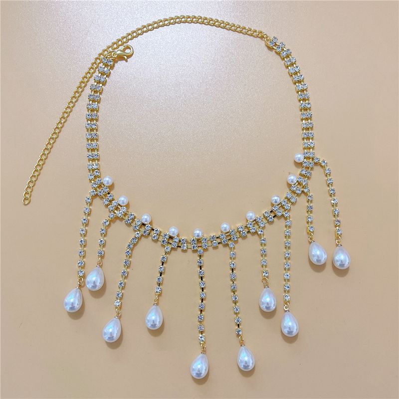 Hot selling exaggerated rhinestone tassel luxurious temperament pearl necklace collarbone chain women's necklaces_voghion.com