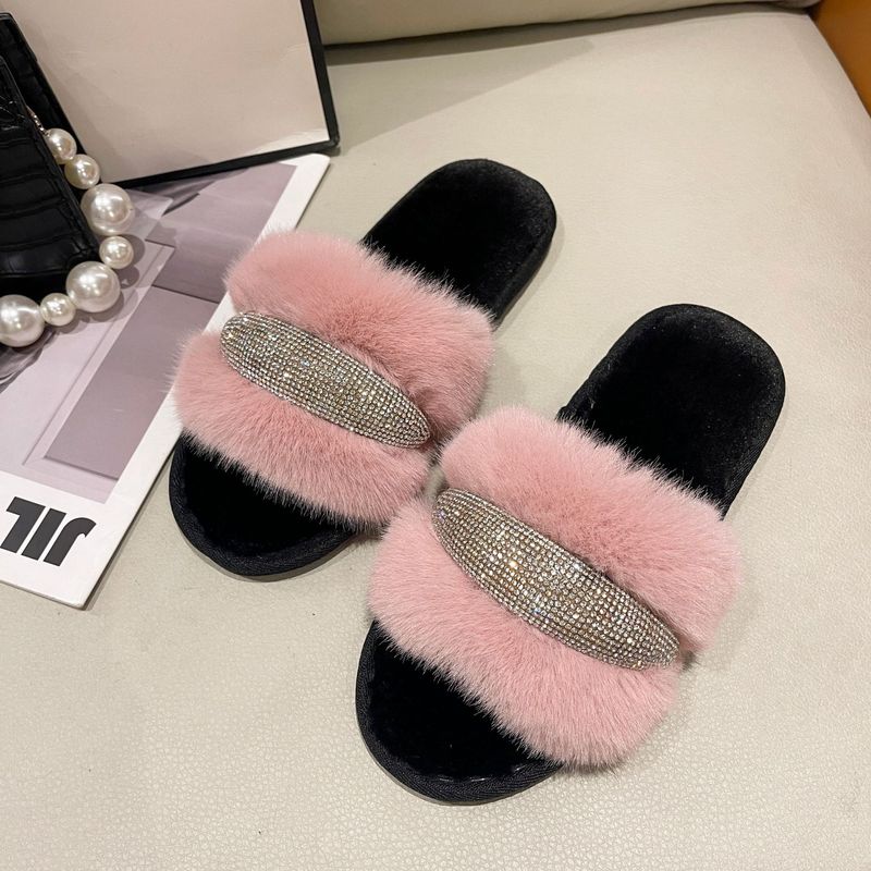 Damenschuhe Pelz Kristall Flache Hausschuhe Mit Diamanten Mode High Und Low Wolle, Baumwolle Hausschuhe_voghion.com