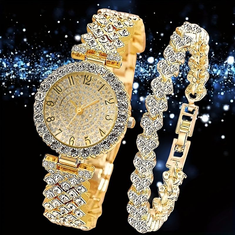 Damenuhren Uhrenset Luxus Exquisite Damenuhr Volldiamant Modeuhren + Armband Zweiteilig_voghion.com