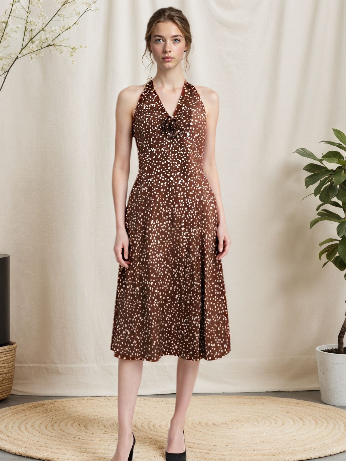 Damen-Kleid mit Neckholder, rückenfrei, gepunktet, ärmellos, Camisole-Kleid_voghion.com