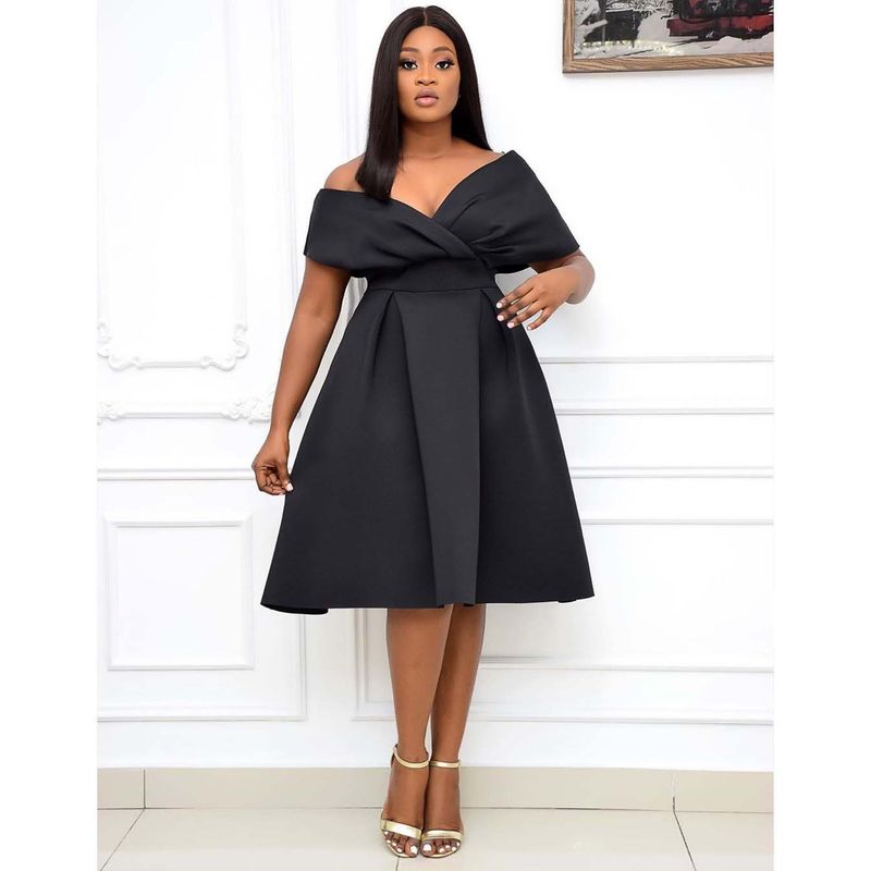 plus size women's short-sleeved V-neck off-the-shoulder evening dresss_voghion.com