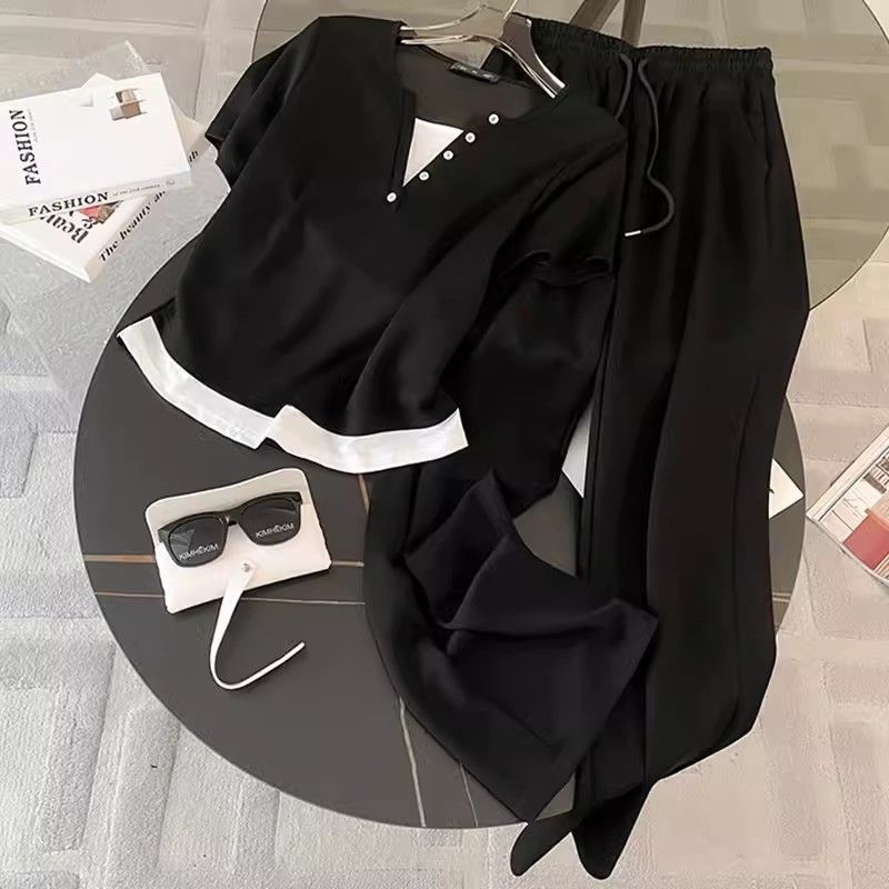 Dameskleding grijs casual sportpak voor dames in de zomer modieus en slank veelzijdig tweedelig pak met korte mouwen en wijde pijpen_voghion.com