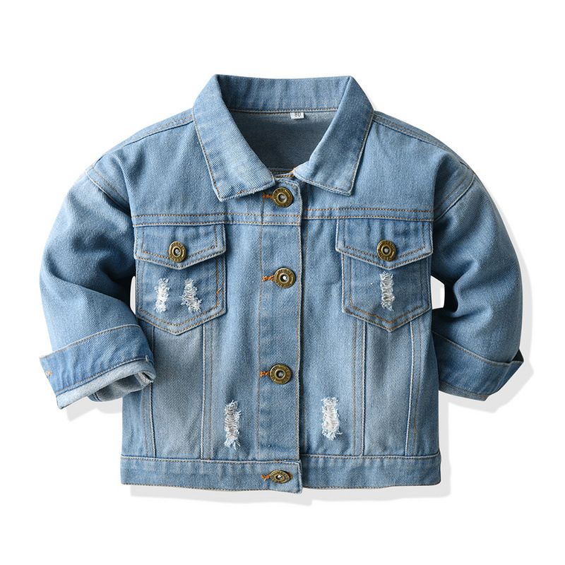 kid's clothing Autumn unisex short denim jacket for boys and girls to do old lapel hole denim long-sleeved top style_voghion.com
