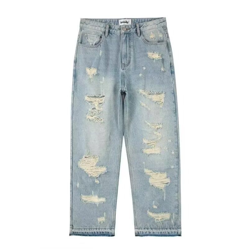 Jean délavé effet vieilli pour homme - Pantalon droit ample style streetwear vintage_voghion.com