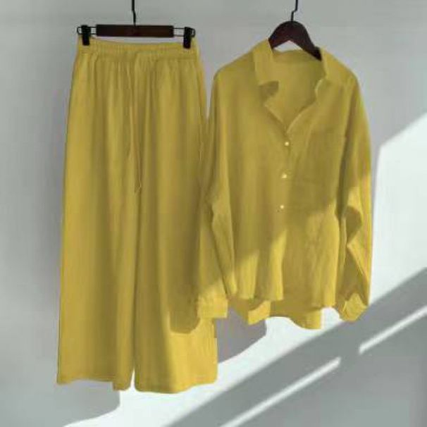 Women's Clothing 2 piece set vintage plus size cotton and linen shirt set high waist loose trousers_voghion.com