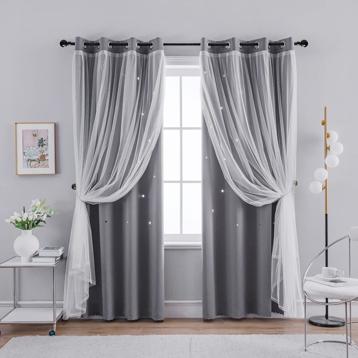 Double Layer Curtains Hollow Star Blackout Rod Punching Short Curtains_voghion.com