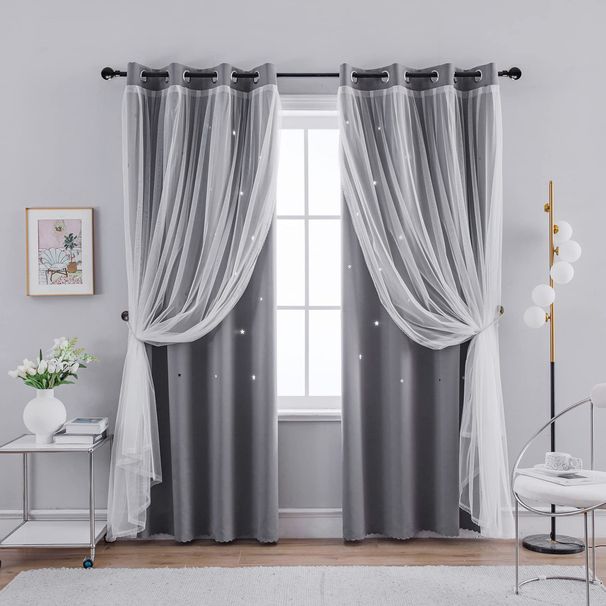 Double Layer Curtains Hollow Star Blackout Rod Punching Short Curtains_voghion.com